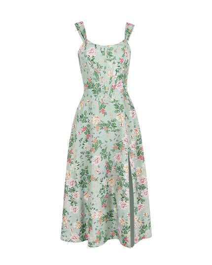 Mingmingxi Summer Dress Woman 2023 Trendy Green Long Lace up Beach Dress Elegant Split Midi Corset Dress Women Clothing