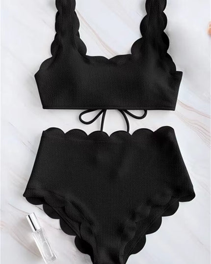 Solid Blue Two Pieces Swimsuit Bathing Suits Bikini Women Scalloped Textured High Waisted Bikini Set Lace up Bathing Suits XXL