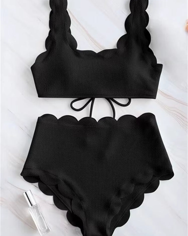 Solid Blue Two Pieces Swimsuit Bathing Suits Bikini Women Scalloped Textured High Waisted Bikini Set Lace up Bathing Suits XXL