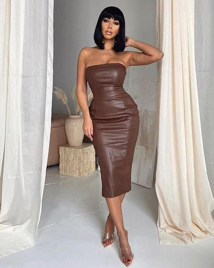 Women Sexy Strapless Tube Top Club Midi Dress off Shoulder Bodycon Party Faux Leather Dress