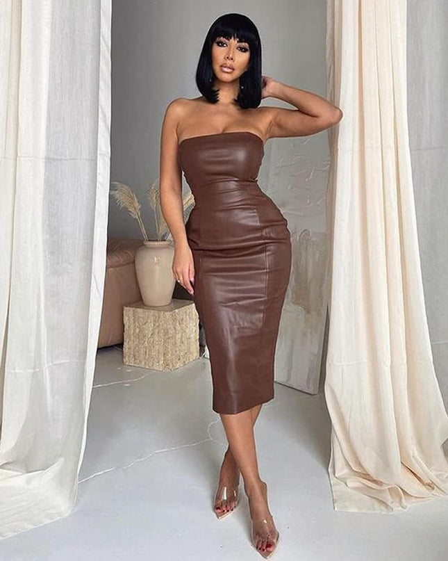 Women Sexy Strapless Tube Top Club Midi Dress off Shoulder Bodycon Party Faux Leather Dress