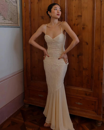 Mingmingxi Summer Long Dresses for Women 2024 New Arrivals Beige Elegant Lace Dress with Hem Spaghetti Strap Bodycon Party Dress