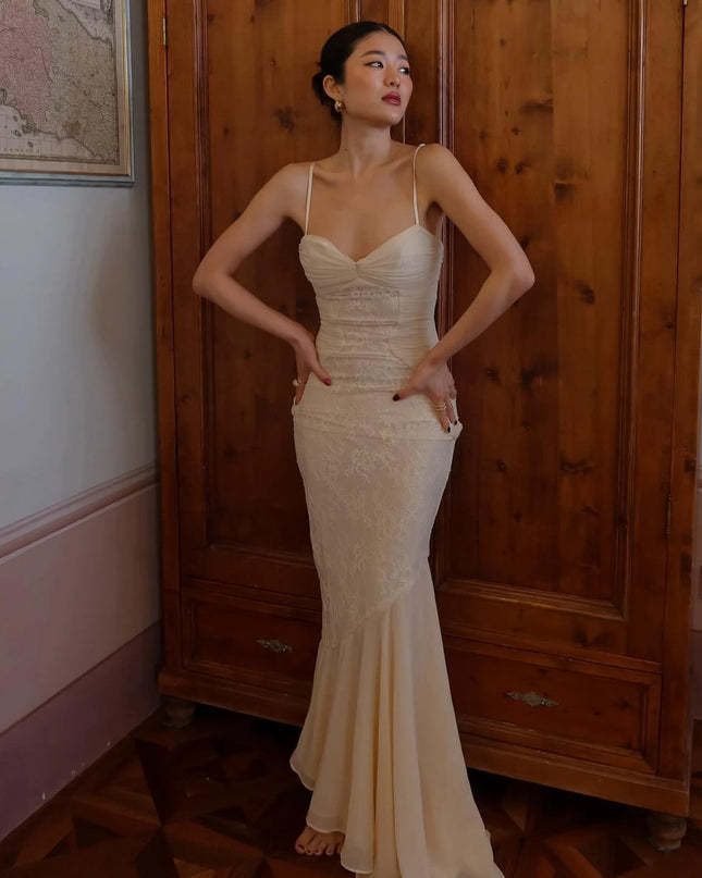 Mingmingxi Summer Long Dresses for Women 2024 New Arrivals Beige Elegant Lace Dress with Hem Spaghetti Strap Bodycon Party Dress