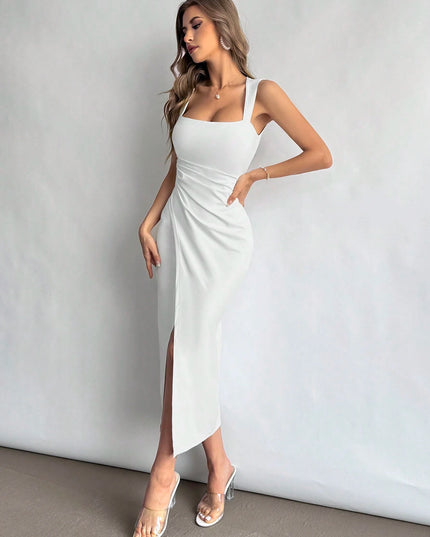 Firerie Women Square Neckline Ruched Waist Slit Dress, Elegant & Suitable for Vacation, Daily Wear or Wedding Season,Summer Dresses for Women,Tea Party Dress,White Graduation Dress