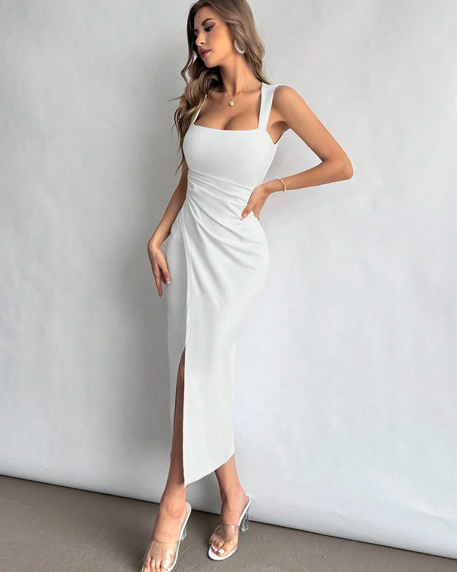 Firerie Women Square Neckline Ruched Waist Slit Dress, Elegant & Suitable for Vacation, Daily Wear or Wedding Season,Summer Dresses for Women,Tea Party Dress,White Graduation Dress
