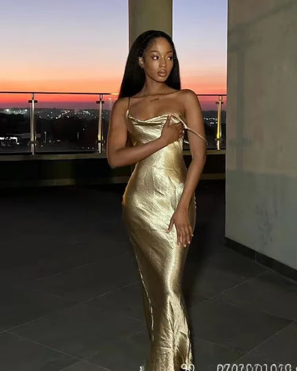 Elegant Satin Backless Maxi Dress for Women Gown Summer Spaghetti Strap Sleeveless Party Long Dress Vestido Robe Femmes
