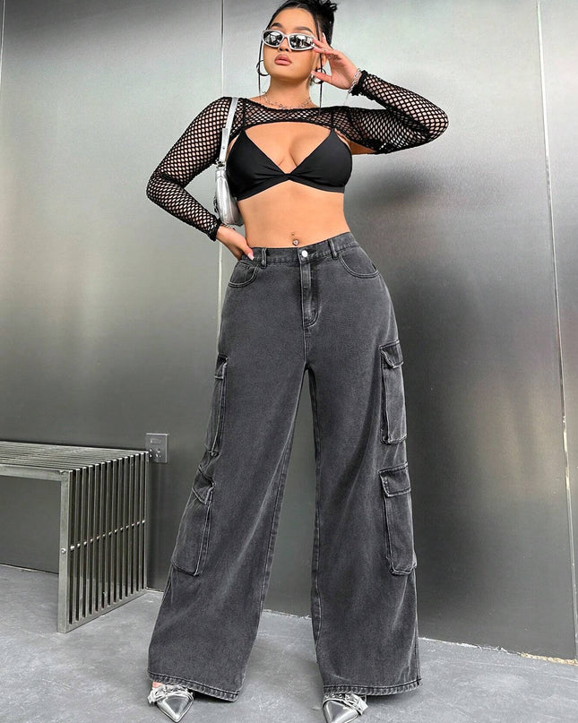 SHEIN ICON Y2K High Waist Black Cargo Pocket plus Size Straight Leg Jeans, Fall Women Clothes