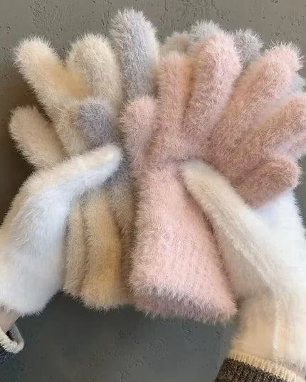 Fashion Winter Mink Velvet Five Finger Gloves Plush Warm Cold-Proof Gloves Women Outdoors Cycling Solid Color Wistiti Mittens