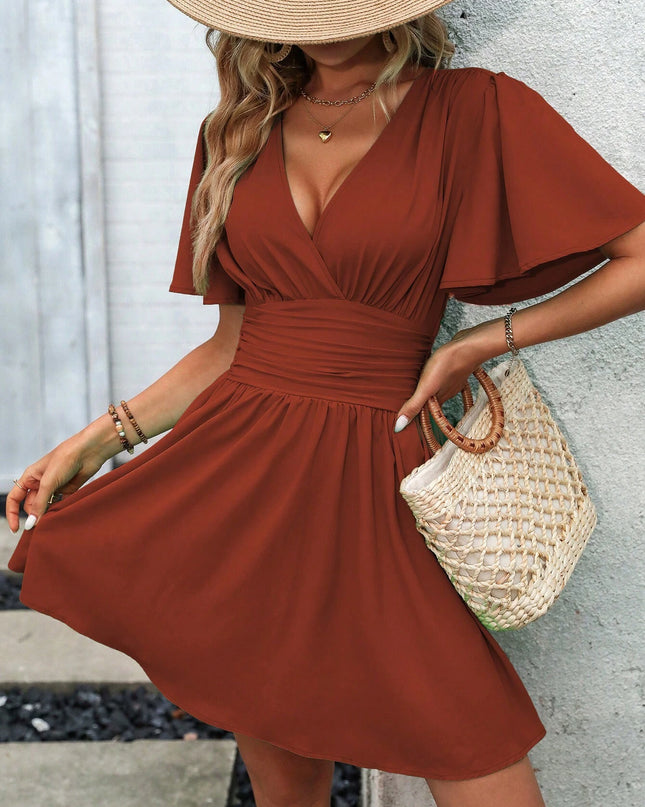 LUNE Plunging Neck Butterfly Sleeve Ruched Waist Dress