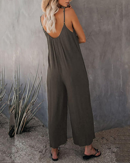 Women Summer Romper Loose Baggy Cotton V Neck Overalls Solid Color Spaghetti Strap Jumpsuits with Pockets