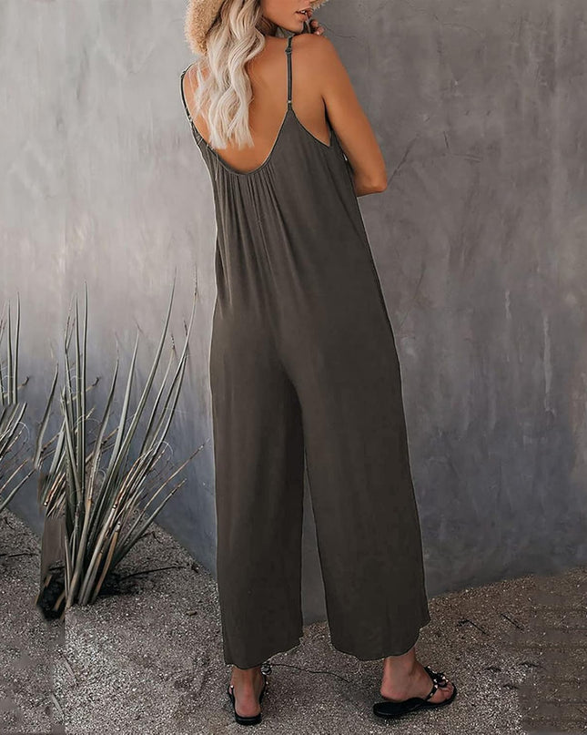 Women Summer Romper Loose Baggy Cotton V Neck Overalls Solid Color Spaghetti Strap Jumpsuits with Pockets