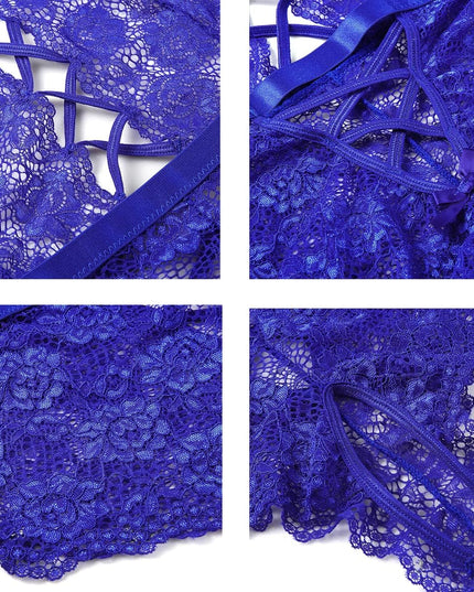 Plus Size Lingerie for Women Sexy Halter Teddy Bodysuit Lace Deep V One Piece Chemise Clubwear Blue,Xxl
