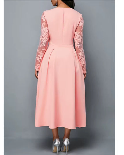 Dresses for Women Elegant Long Sleeve Lace Stitching High Waist Big Hem Mid-Length Oversized Dresses for Women