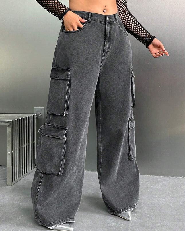 SHEIN ICON Y2K High Waist Black Cargo Pocket plus Size Straight Leg Jeans, Fall Women Clothes