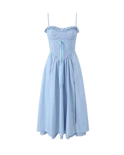 Fashion Summer Dresses 2024 Blue Midi Crochet Dress Elegant Sexy Spaghetti Strap Bustier Dress for Party Club