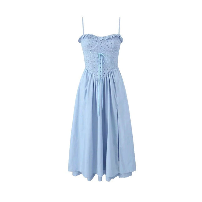 Fashion Summer Dresses 2024 Blue Midi Crochet Dress Elegant Sexy Spaghetti Strap Bustier Dress for Party Club