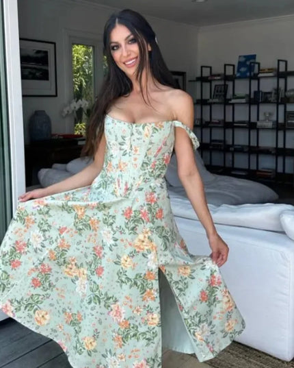 Mingmingxi Summer Dress Woman 2023 Trendy Green Long Lace up Beach Dress Elegant Split Midi Corset Dress Women Clothing