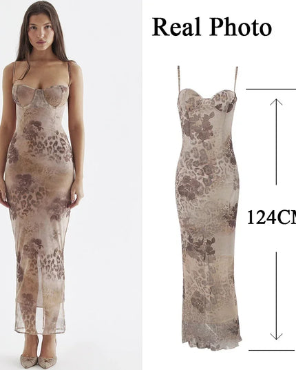 Mingmingxi Summer Spaghetti Strap Leopard Printing Dress Elegant Vintage Bodycon Mesh Birthday Wedding Guest Party Dress Long