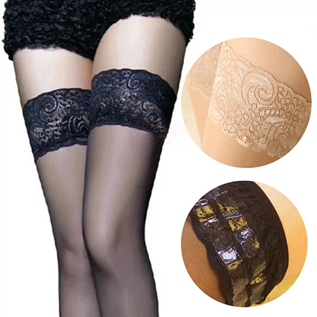 Huge Elastic Womens Stocking Sexy Lace Top Floral Silicon Strap Anti-Skid Thigh Nightclub Hot Apparel High Stockings