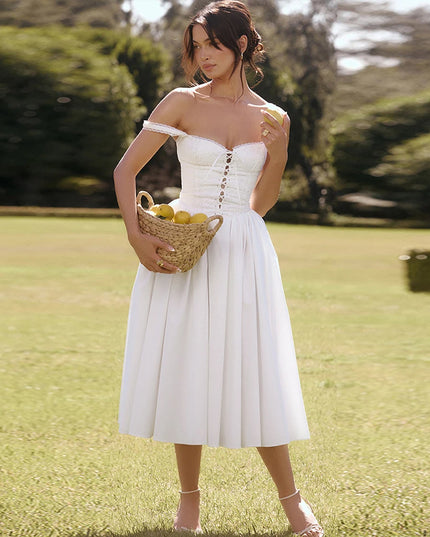 Mingmingxi Elegant and Beautiful Women'S Dresses 2024 White Midi Jacquard Dress Sexy Lace up Party Dresses Women'S Clothing