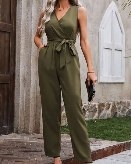 Elegant Commuter Sleeveless Cross Collar Waistline Lace-Up Jumpsuit
