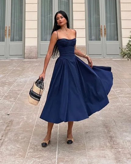 Elegant Spaghetti Strap Midi Dress Slim a Line Party Dresses Navy Blue Casual Birthday Holiday Dress Women'S Clothing