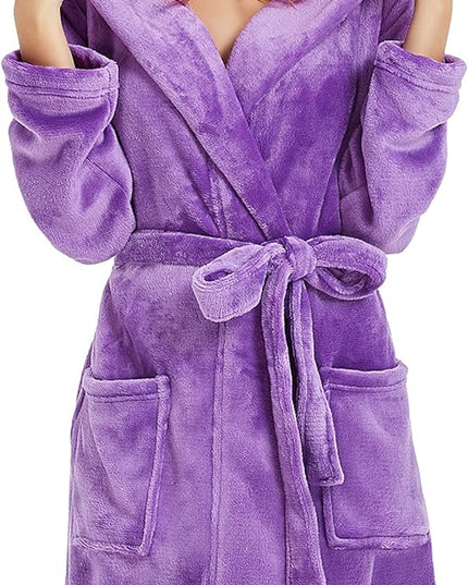 Women Hooded Fleece Robe, Short Plush Robes for Womens with Hood Soft Warm Spa Bathrobe