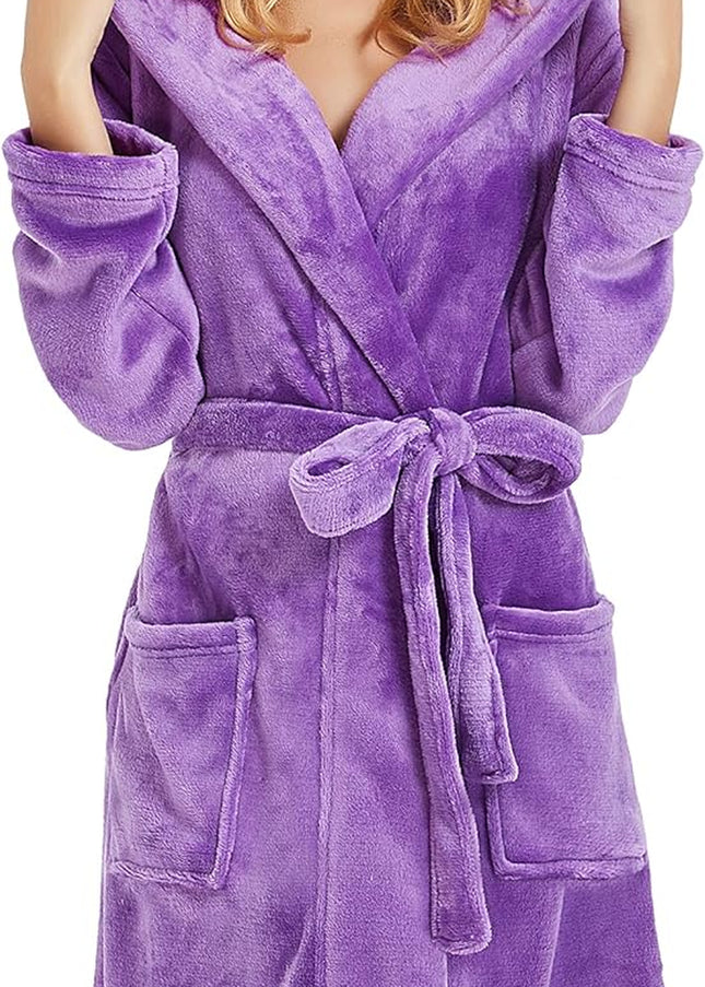 Women Hooded Fleece Robe, Short Plush Robes for Womens with Hood Soft Warm Spa Bathrobe