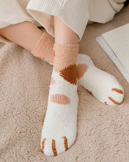 Plush Winter Funny Cute Style Animal Cat Paw Cartoon Pattern Women Cotton Socks Super Soft for Female House Sleeping Floor Sox