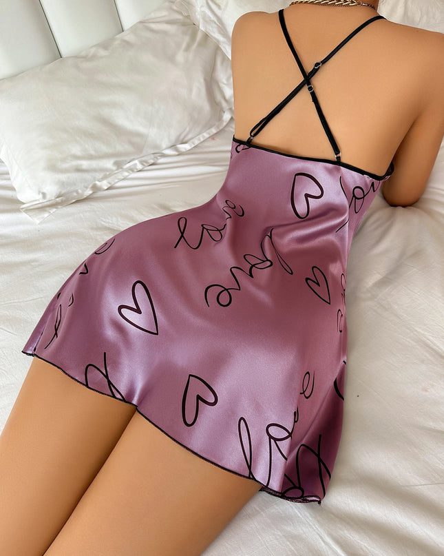 Heart Letter Print Nightdress Casual round Neck Spaghetti Strap Sleep Dress Women'S Sleepwear Dresses