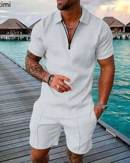 New 2025 Men'S Polo Suit Fashion Men Sets Solid Summer V-Neck Zipper Short Sleeve POLO Shirt+Shorts Two Pieces Men Casual Suit