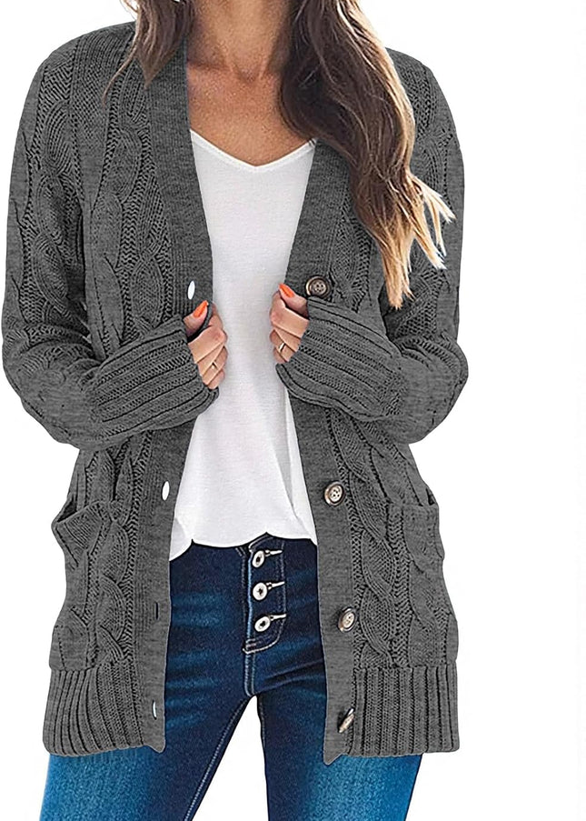 Women'S 2025 Fall Long Sleeve Cable Knit Sweater Open Front Cardigan Button Loose Outerwear