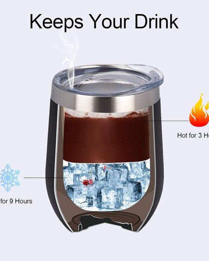Stainless Steel Wine Tumbler 12Oz, Double Wall Vacuum Insulated Wine Tumbler with Lid and Straw, Stainless Steel Stemless Wine Glass for Wine, Coffee, Cocktails, Champaign, Ice Cream, Black