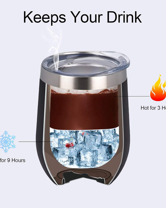 Stainless Steel Wine Tumbler 12Oz, Double Wall Vacuum Insulated Wine Tumbler with Lid and Straw, Stainless Steel Stemless Wine Glass for Wine, Coffee, Cocktails, Champaign, Ice Cream, Black