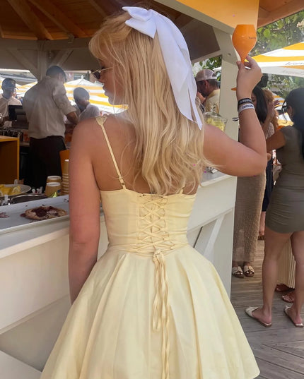 Mingmingxi 2024 Summer Lovely a Line Dress Yellow Sexy Party Dresses Hollow Out Lace up Elegant Holiday Dress Women