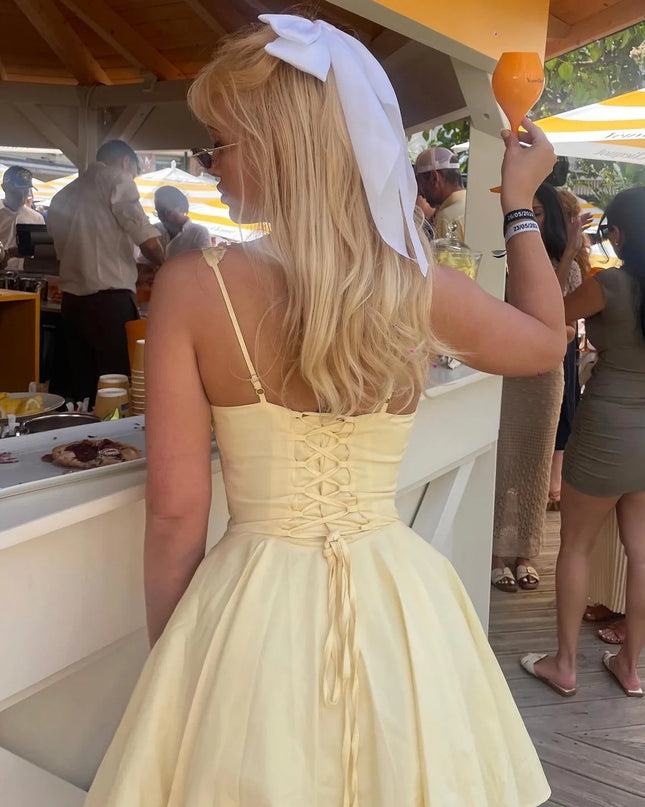 Mingmingxi 2024 Summer Lovely a Line Dress Yellow Sexy Party Dresses Hollow Out Lace up Elegant Holiday Dress Women