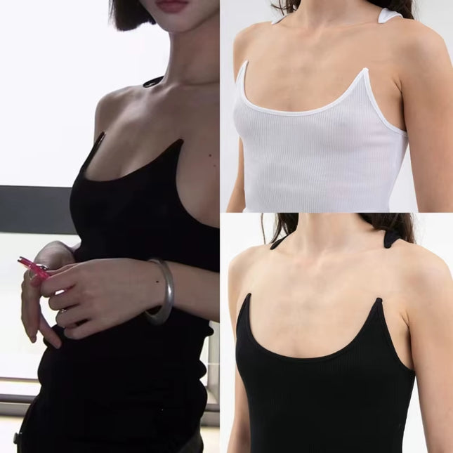 Women Summer Sleeveless Cropped Vest Top Solid Color Large Neck Crop Top Invisible Strap Bustier Vest Dropship