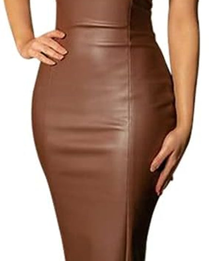 Women Sexy Strapless Tube Top Club Midi Dress off Shoulder Bodycon Party Faux Leather Dress