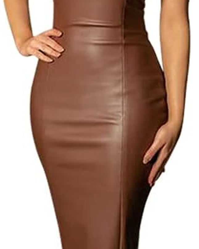 Women Sexy Strapless Tube Top Club Midi Dress off Shoulder Bodycon Party Faux Leather Dress