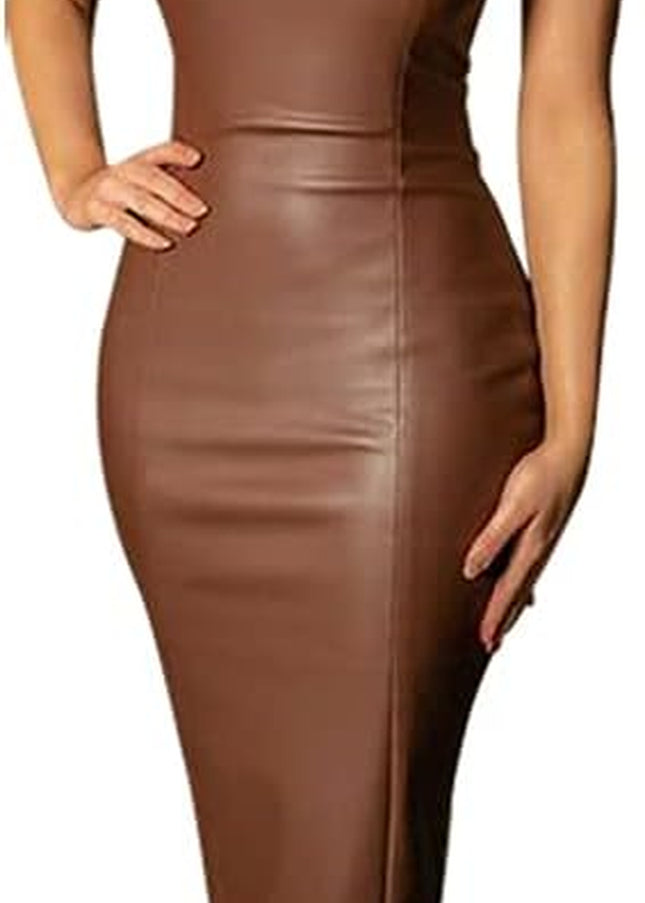 Women Sexy Strapless Tube Top Club Midi Dress off Shoulder Bodycon Party Faux Leather Dress
