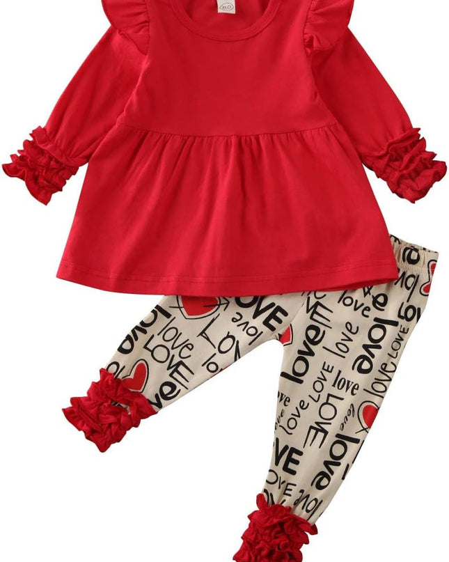 Toddler Baby Girl Valentine'S Day Outfits Ruffle Tunic Top Dress Shirt Love Heart Print Leggings Pants Clothes Set (Red Letters, 12-18 Months)
