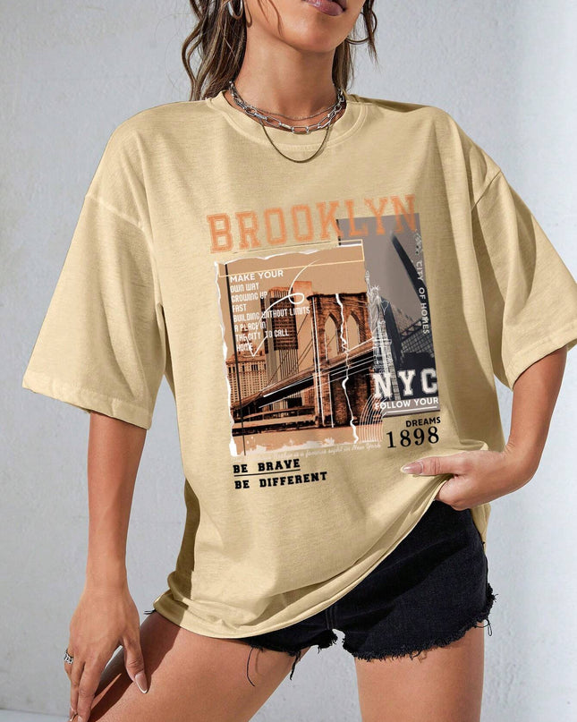INAWLY Street View and Slogan Graphic Drop Shoulder Tee MAKE YOUR OWN WAY GROWING up FAST BUILDING without LIMITS a PLACE in the CITY to CALL HOME CITY of HOMES NYC FOLLOW YOUR DREAMS 1898 the Brooklyn Bridge Is a Famous Sight in New York BE BRAVE BE DIFFERENT Graphic Tees Women Tops
