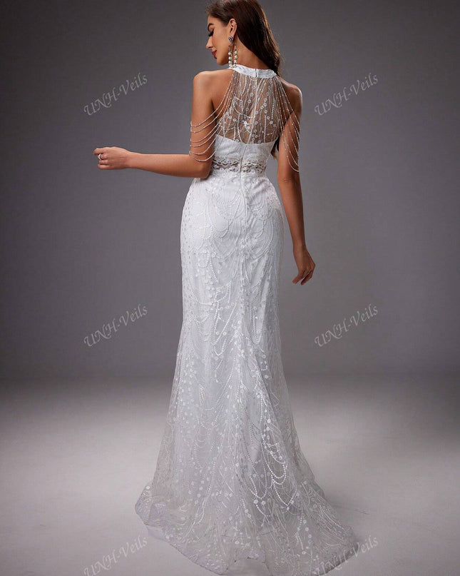 UNITHORSE Elegant, Gorgeous and Romantic, White Color, Off-Shoulder Sleeveless, Mermaid Tail Design, See-Through Elastic Lace Breast Cup, Chain Decor Embroidery Mesh Wedding Dress Gown, All White Party Outfit Women