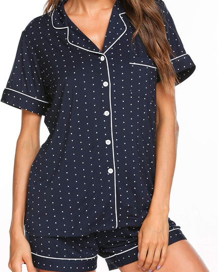 Pajamas Set Short Sleeve Sleepwear Womens Button down Nightwear Soft Pj Lounge Sets with Pocket S-4XL, Navy with White Dots, Large