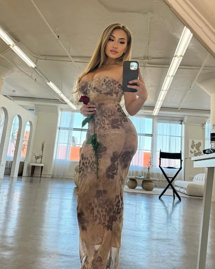 Mingmingxi Summer Spaghetti Strap Leopard Printing Dress Elegant Vintage Bodycon Mesh Birthday Wedding Guest Party Dress Long