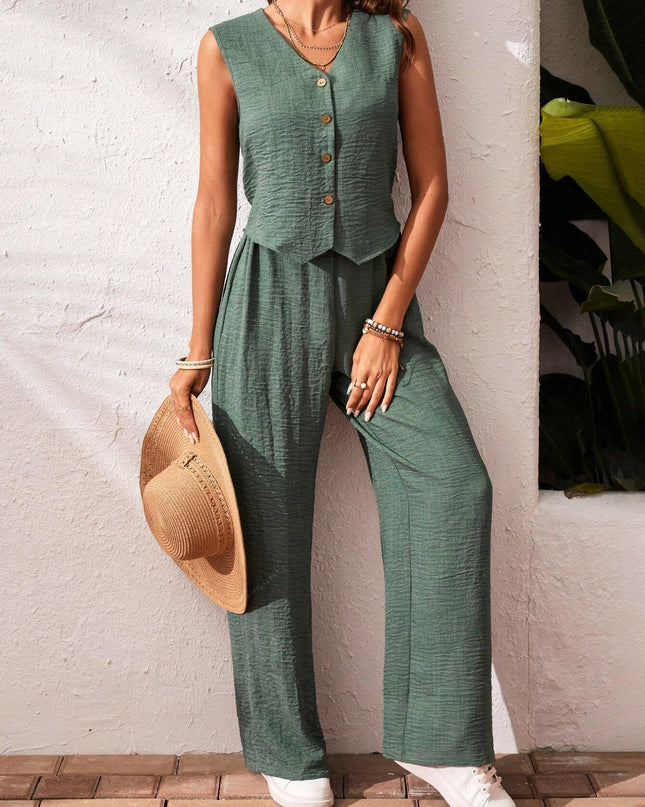Frenchy Women'S Solid Color Front Button Sleeveless Blouse and Long Pants Casual Suit Set Fall Women Outfits Women Outfit Sets Winter Women Sets