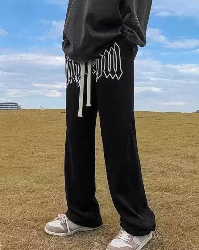 American Style Letter Print Straight Pants for Men High Street Loose Trousers Casual Joggers Hip Hop Drawstring Sweatpants