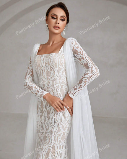 Faeriesty Elegant Square Neckline Long-Sleeve Mermaid Wedding Dress Bridal Gown with Sheer Organza Cape Detailing – Perfect for Church Ceremonies, Formal Galas, Destination Weddings, Luxurious Evening Receptions, and Grand Cathedral Celebrations