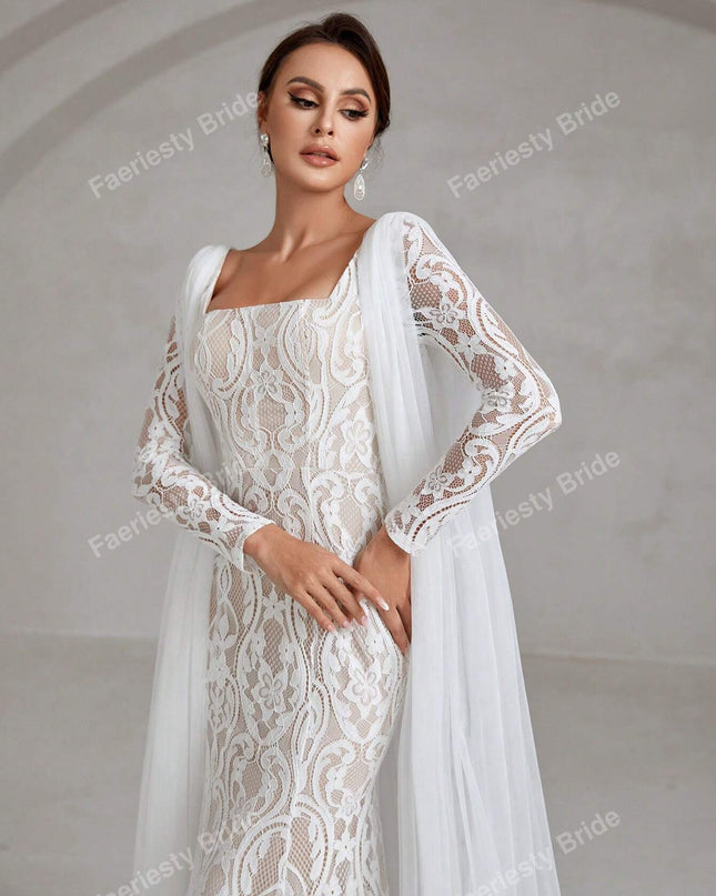 Faeriesty Elegant Square Neckline Long-Sleeve Mermaid Wedding Dress Bridal Gown with Sheer Organza Cape Detailing – Perfect for Church Ceremonies, Formal Galas, Destination Weddings, Luxurious Evening Receptions, and Grand Cathedral Celebrations
