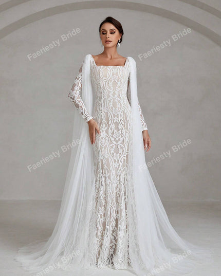 Faeriesty Elegant Square Neckline Long-Sleeve Mermaid Wedding Dress Bridal Gown with Sheer Organza Cape Detailing – Perfect for Church Ceremonies, Formal Galas, Destination Weddings, Luxurious Evening Receptions, and Grand Cathedral Celebrations